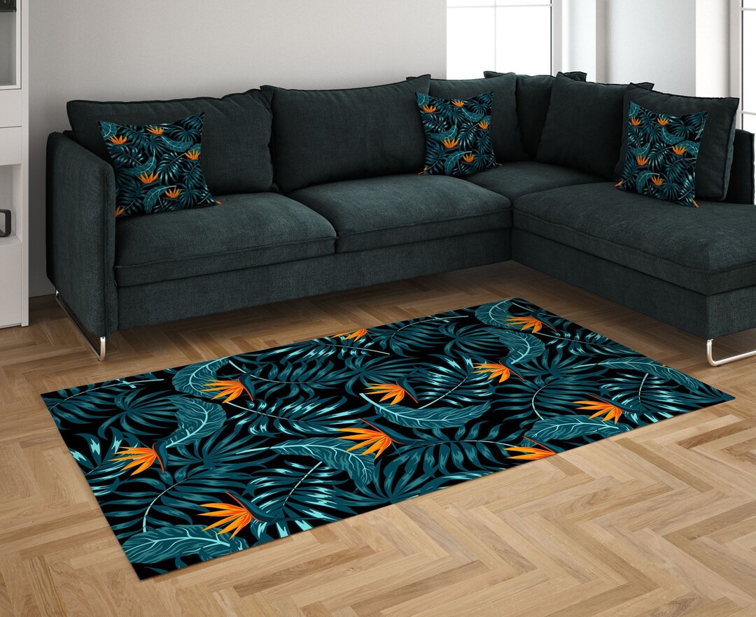 Teal and Orange Area Rug, Tropical Banana and Palm Leaf Area Rug