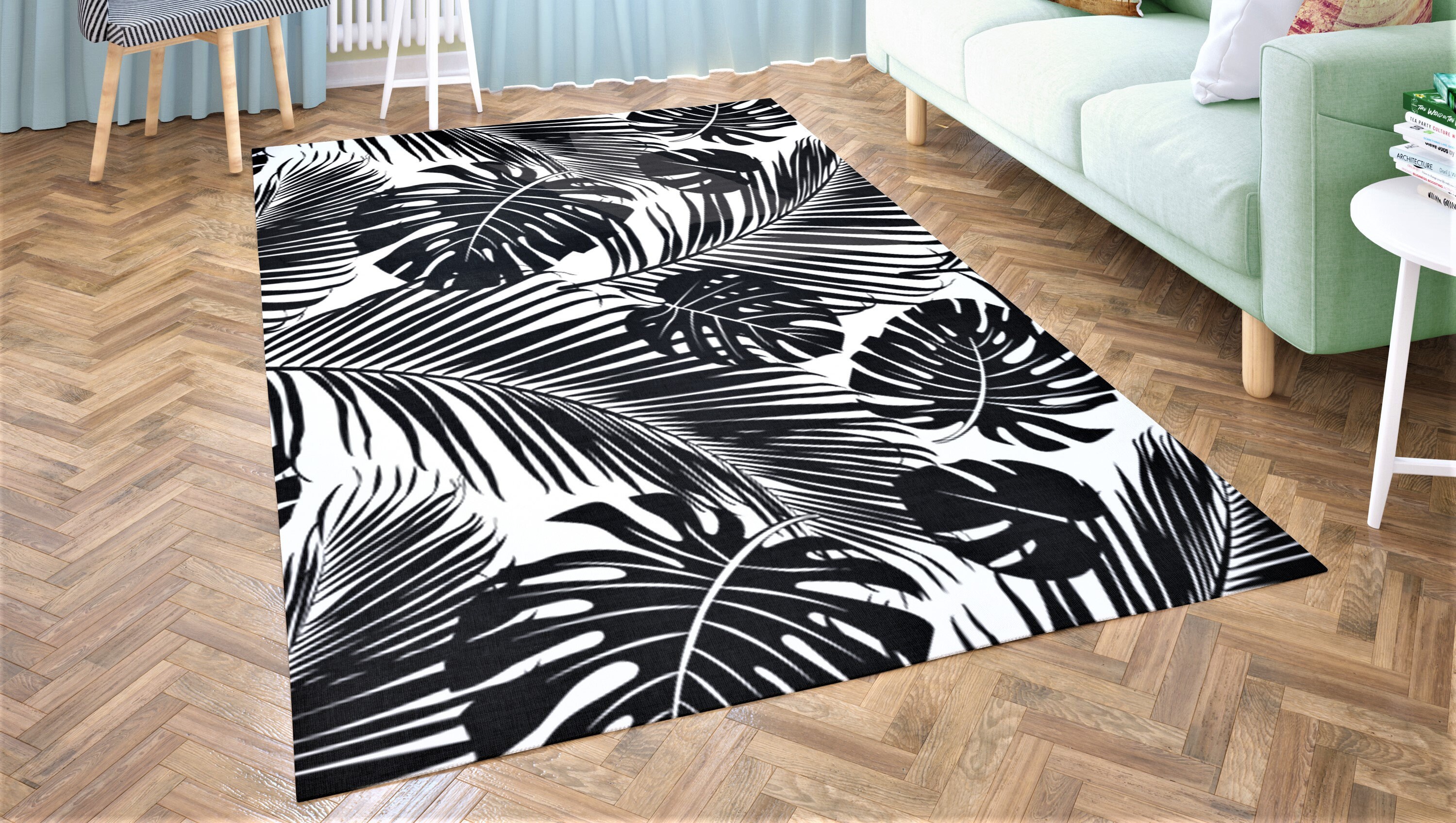 Tropical Black & White Area Rug Palm Monstera Tropical Area Etsy UK