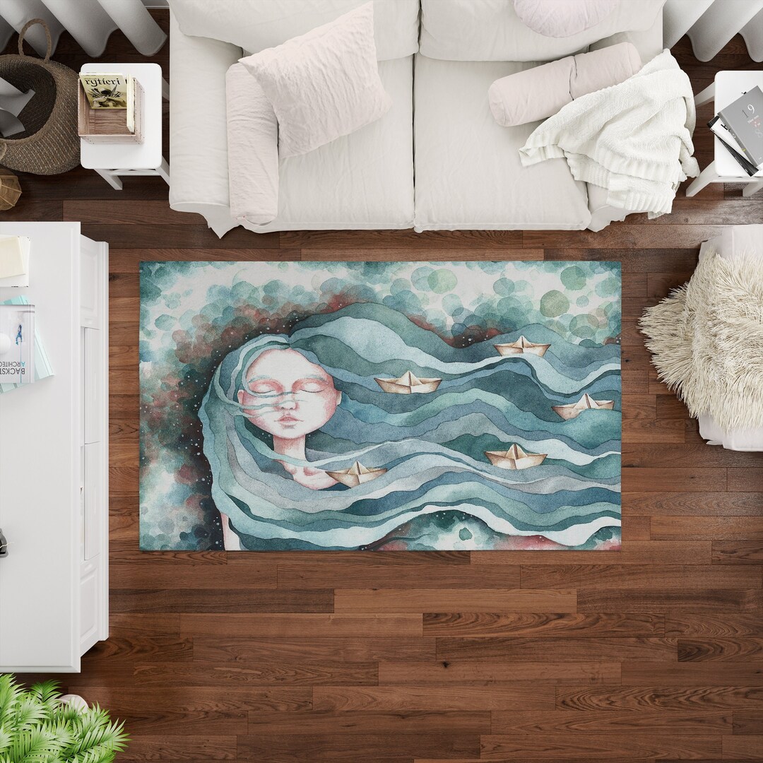 Abstract Blue Area Rug, Girl With Blue Hair Decorative Area Rug ...