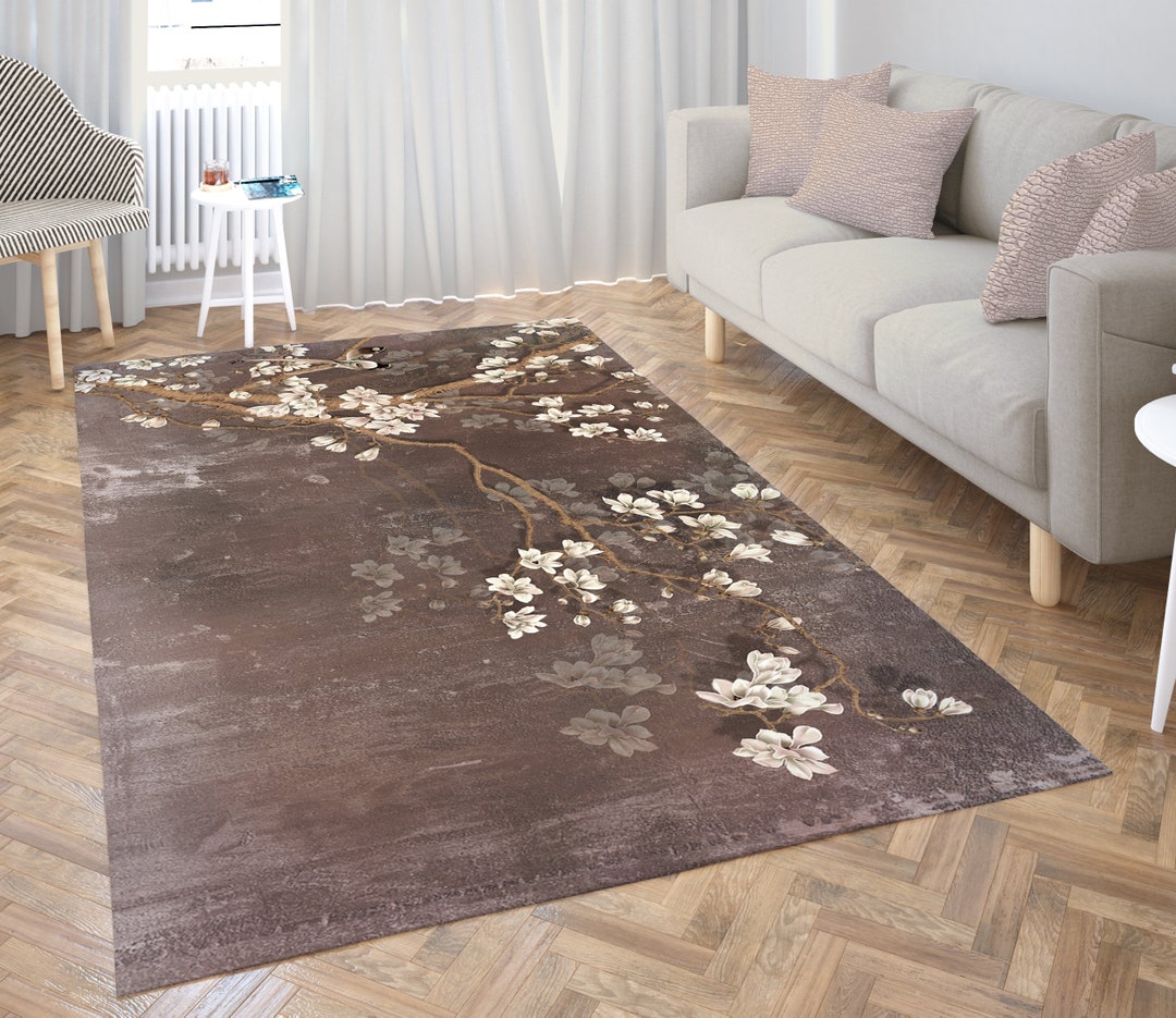 Earth Tones Floral Area Rug, Blooming Branches Decor, Nature-inspired ...