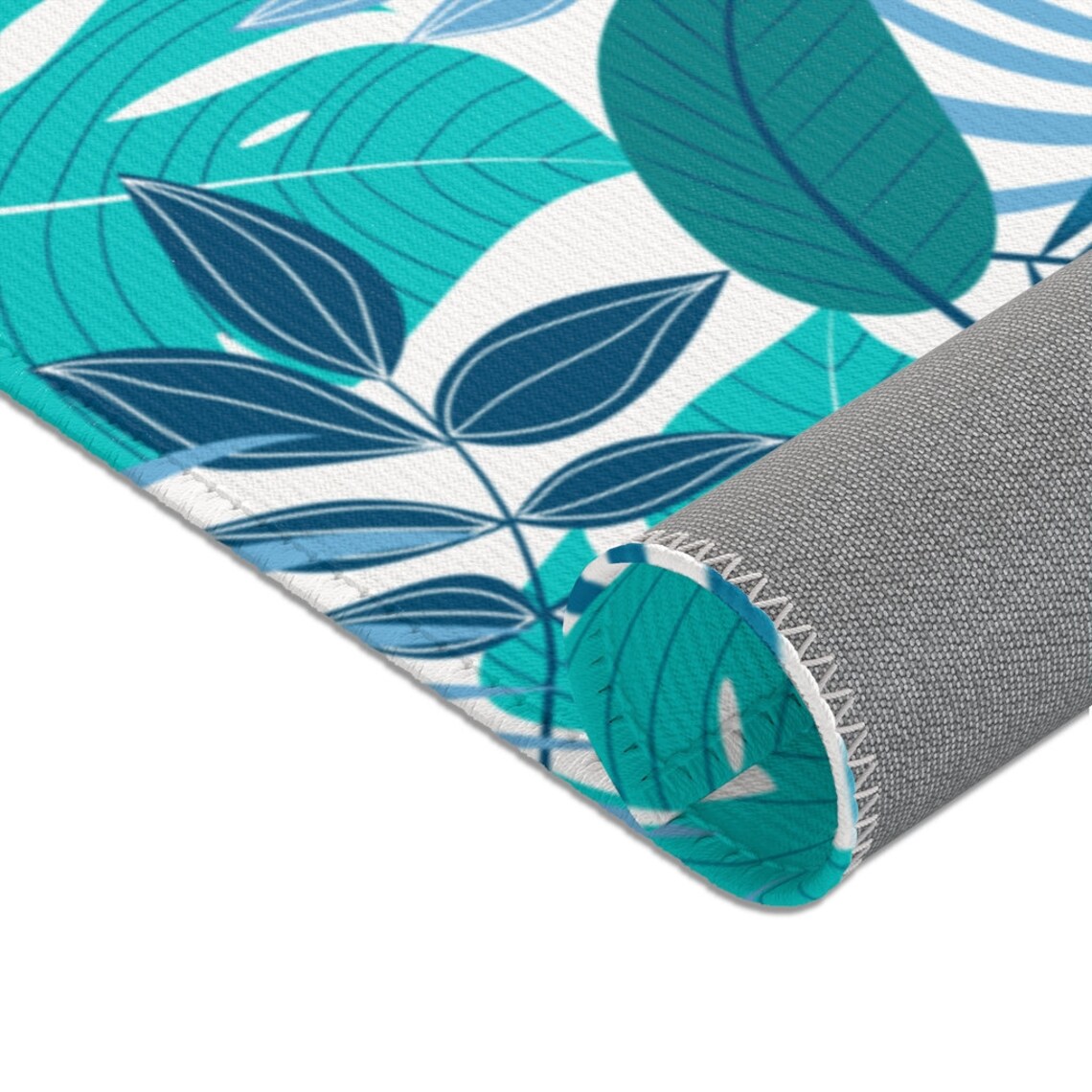 Teal Blue Green Cute Area Rug, Palm Banana Monstera Leaf Area Rug