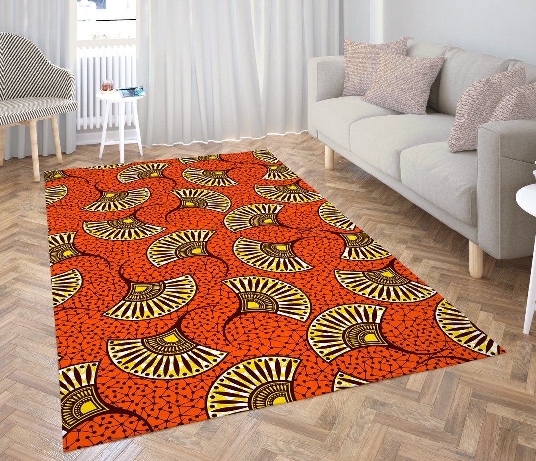 African Motif Area Rug, Ethnic African Area Rug, Red and Yellow