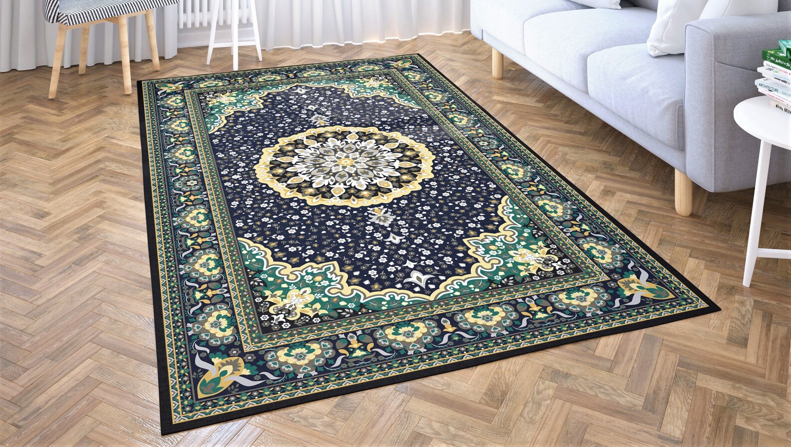 Navy Blue Green Area Rug Oriental Baroque Design Decorative Etsy