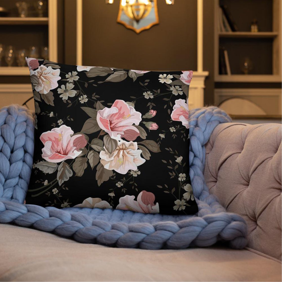 Pink Black Floral Decorative Throw Pillow & Cushion Etsy