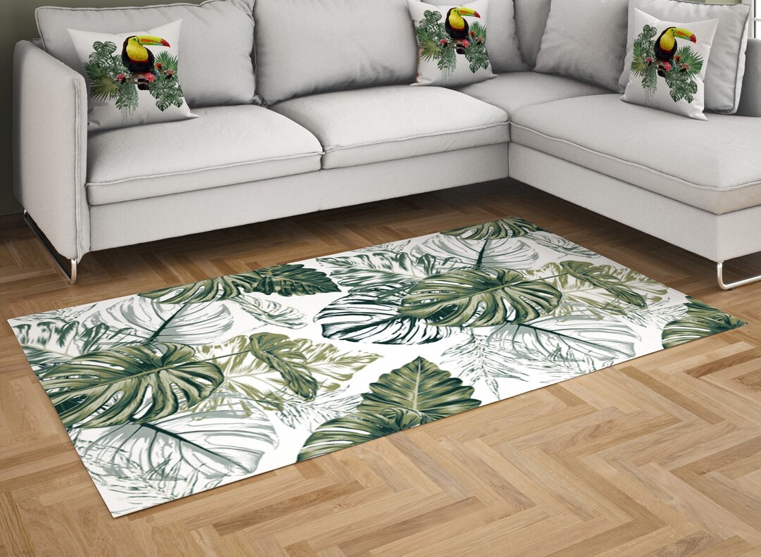 Green Gray White Tropical Area Rug, Coastal Monstera Area Rug, Tropical Living Room Green Gray