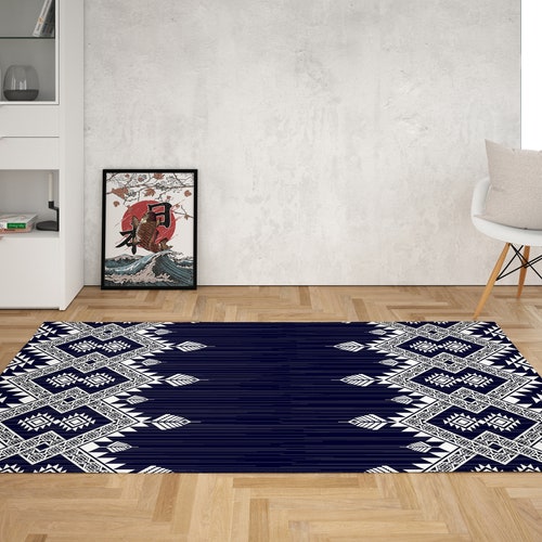 Ethnic Area Rug, Aztec Design Area Rug, Navy on sale Blue and White Decorative Area Rug, Aztec Decorative Area Rug for Living Room,Housewarming Gift