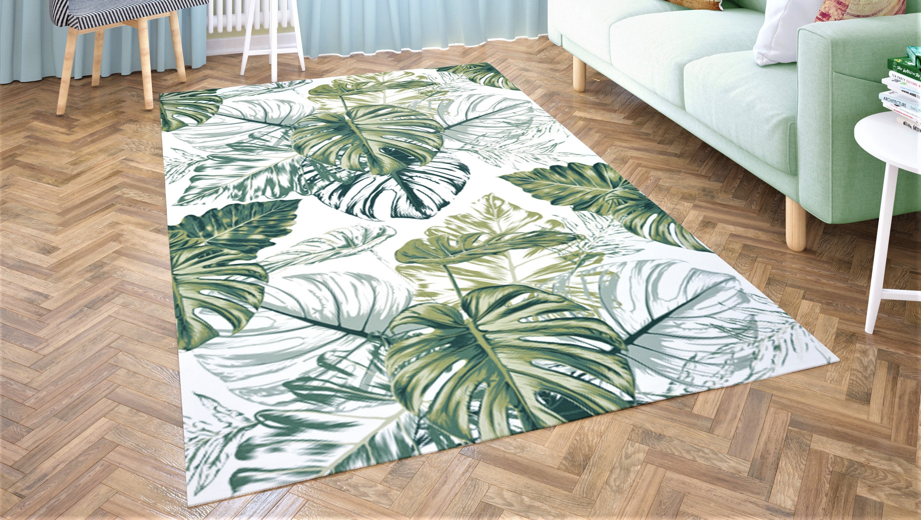 Green Gray White Tropical Area Rug Coastal Monstera Area Rug Etsy UK