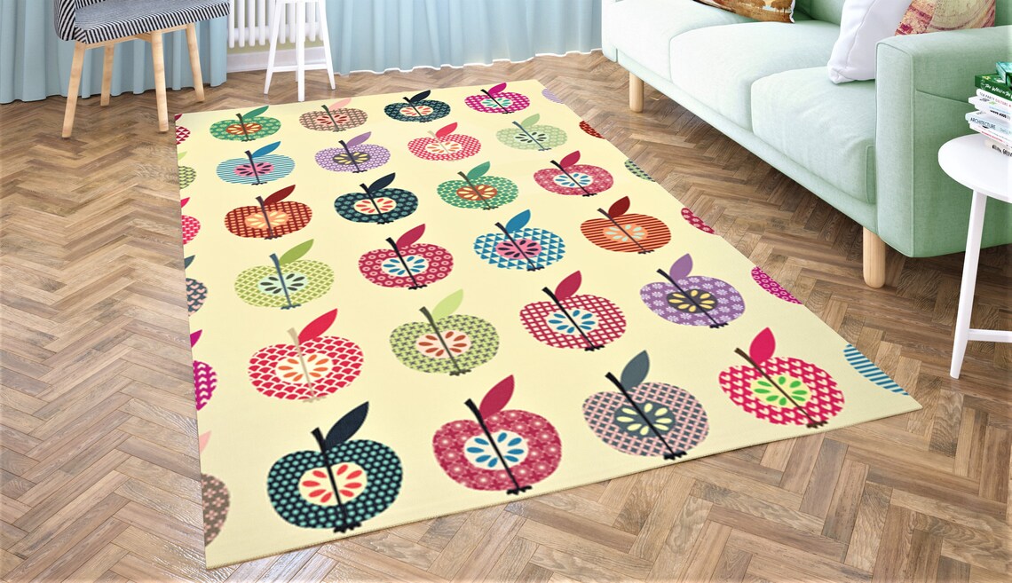 Retro Kitchen Area Rug Cute Colorful Apple Area Rug Beige Etsy