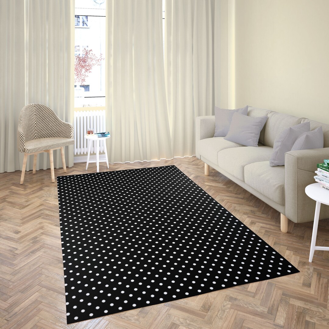 Black and White Polka Dot Area Rug, Chic Black & White Dotted Rug, Elegant Polka Dot Living Room