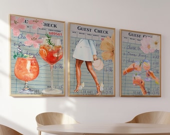 Party Guest Check- SET OF 3- Digital Download, Aperol Spritz, Floral, Fashion Art Prints, College Apartment Decor, Wall Art, Preppy Art