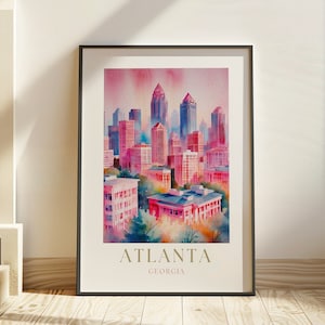 ATLANTA, GA Wydrukuj plakat podróżniczy, wystrój mieszkania/domu, różowy pomarańczowy niebieski obraz krajobraz centrum miasta, pobieranie cyfrowe