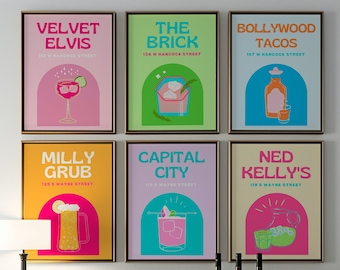 MILLEDGEVILLE, GA Cocktail Print Set of 6, Colorful Bar Cart Gallery Wall Set, DIGITAL Download, Bar Printable Art, Milledgeville, Ga