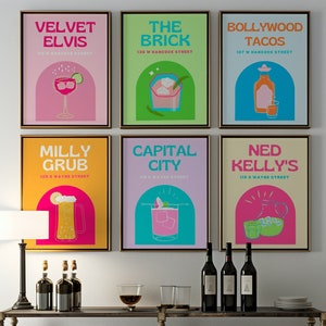 MILLEDGEVILLE, GA Cocktail Print Set von 6, Buntes Barwagen-Galeriewandset, DIGITALER Download, Bar druckbare Kunst, Milledgeville, Ga