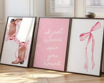 Pink bows print set of 3, Preppy wall art, Coastal Cowgirl, Spin you around Romantic Print, College apartment decor, Girly room aesthetic