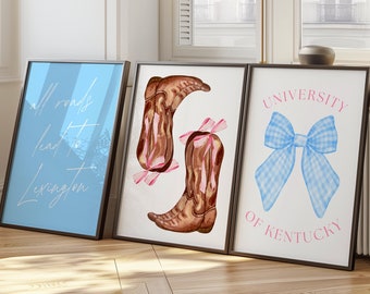UNIVERSITY of KENTUCKY set of 3, Preppy wall art, Coastal Cowgirl, Pink Bows Print, College apartment decor, All Roads Lead to Lexington
