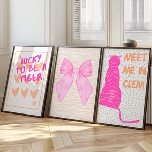 Pink Tiger print set of 3, Preppy wall art, CLEMSON UNIVERSITY, Bow Print, College apartment decor, Girly room aesthetic