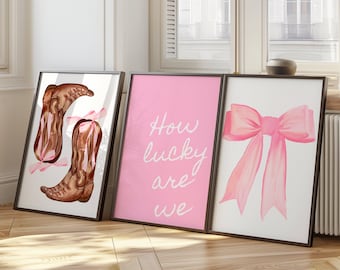 How Lucky print set of 3, Preppy wall art, Coastal Cowgirl, Pink Bows Romantic Print, College apartment decor, Girly room aesthetic
