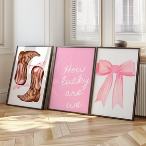 Coastal Cowgirl Print Set, Pink Bows, Boots, Preppy Wall Art (Digital Download)