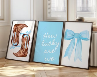Coastal Cowgirl Print Set, Blue Bows, Preppy Wall Art (Digital Download)