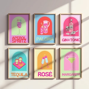 Cocktail Print Set von 6, Buntes Bar Warenkorb Galerie Wand Set, DIGITAL DOWNLOAD, Bar druckbare Kunst