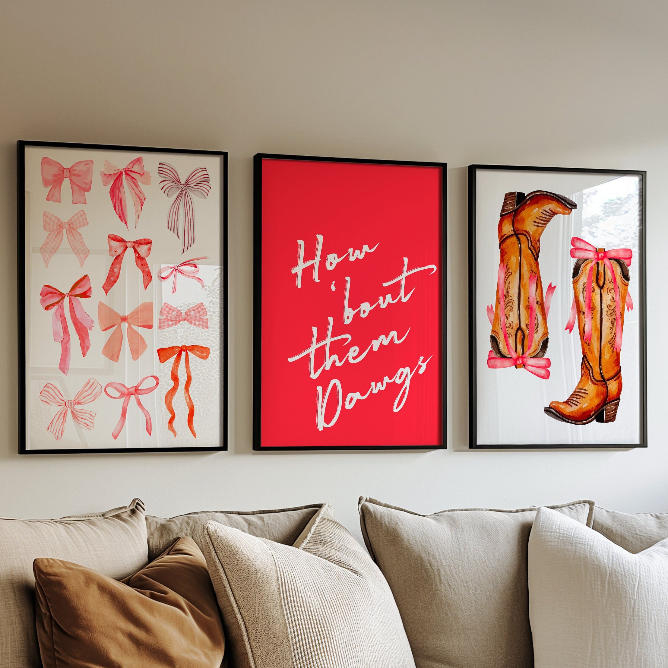 How 'Bout Them Dawgs set of 3, Preppy wall art, Coastal Cowgirl, Red Bows Print, College apartment decor, University of Georgia