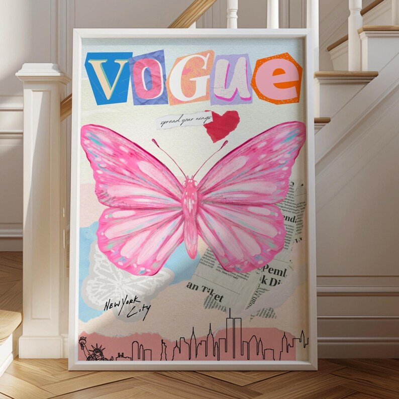 Trendy Pink Butterfly Vogue Art Print, College Decor (Digital Download) image 2