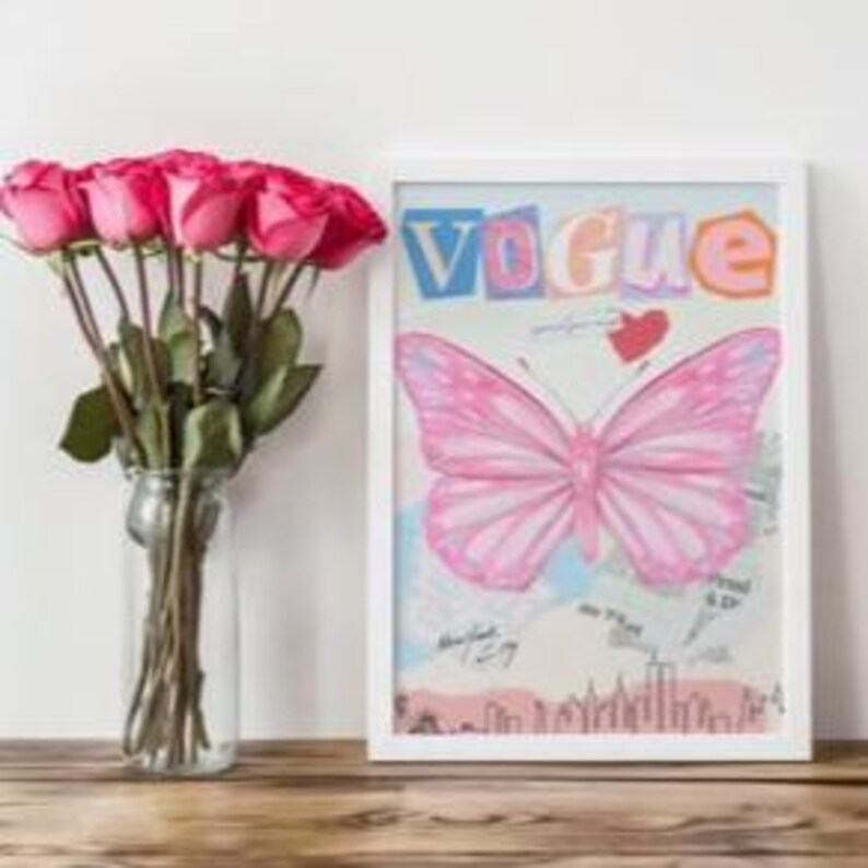 Trendy Pink Butterfly Vogue Art Print, College Decor (Digital Download) image 3