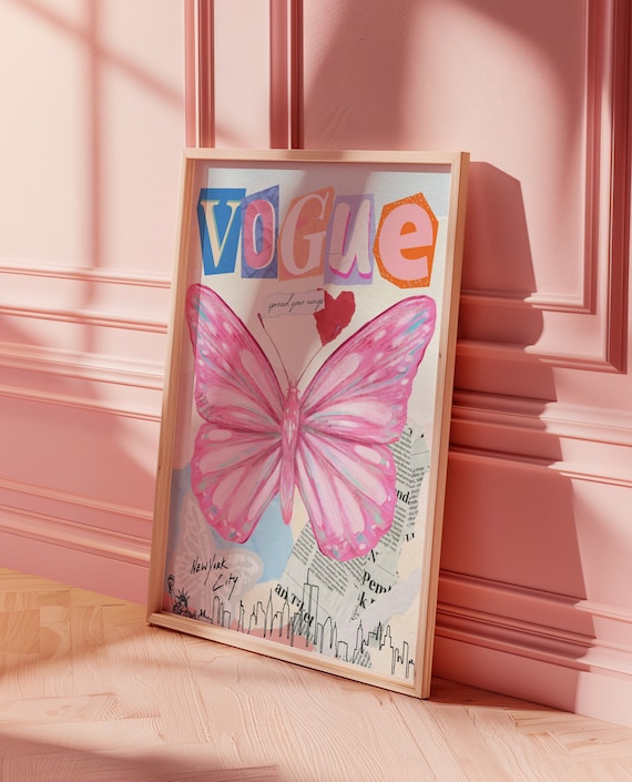 Trendy Pink Butterfly Vogue Art Print, College Decor (Digital Download)