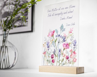 personalisiertes Geschenk auf Acrylglas mit Aufsteller aus Holz Blumenwiese Spruch