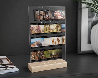 personalisiertes Geschenk auf Acrylglas mit Aufsteller aus Holz Foto Vater Papa mit vielen Fotos Filmstreifen