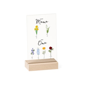 personalisiertes Geschenk auf Acrylglas mit Aufsteller aus Holz Blume Geburtsmonat Mama, Oma, Kinder, Enkelkinder Bild 4