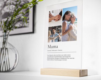 personalisiertes Geschenk auf Acrylglas mit Aufsteller aus Holz Definition Mama