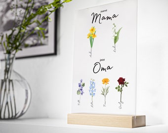 personalized gift on acrylic glass with wooden stand flower birth month mom, grandma, kids, grandchildren