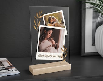 personalisiertes Geschenk auf Acrylglas mit Aufsteller aus Holz Foto Mama Mutter