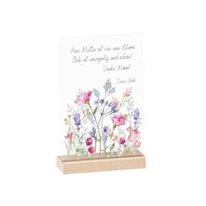 personalisiertes Geschenk auf Acrylglas mit Aufsteller aus Holz Blumenwiese Spruch Bild 3