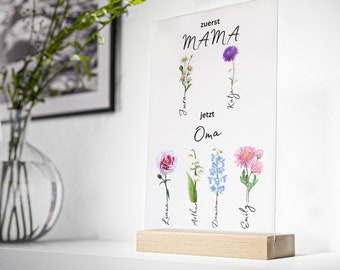 personalisiertes Geschenk auf Acrylglas mit Aufsteller aus Holz Blume Geburtsmonat Mama, Oma, Kinder, Enkelkinder