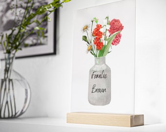 personalisiertes Geschenk auf Acrylglas mit Aufsteller aus Holz Blume Geburtsmonat Familie Familienstrauß