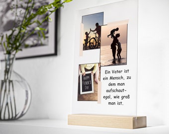 personalisiertes Geschenk auf Acrylglas mit Aufsteller aus Holz Foto Vater Papa mit 3 Fotos