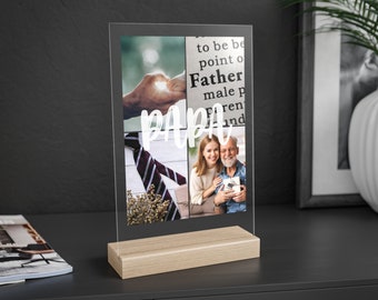 personalisiertes Geschenk auf Acrylglas mit Aufsteller aus Holz Foto Vater Papa mit 4 Fotos