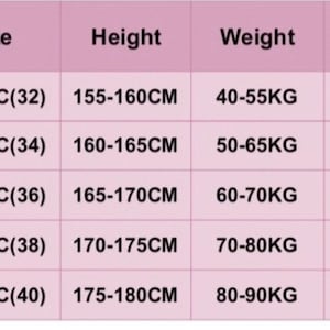 May include: A chart showing bra size, height, weight, and bust measurement in centimetres and kilograms. The chart includes sizes S, M, L, XL, and XXL.