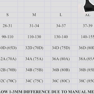 May include: Size chart for women's bras, showing bust size in inches, weight in pounds, and bra size. The chart includes sizes S, M, L, XL, and XXL.