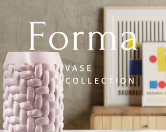 May include: A pink ceramic vase with a woven pattern. The vase is part of the Forma Vase Collection.