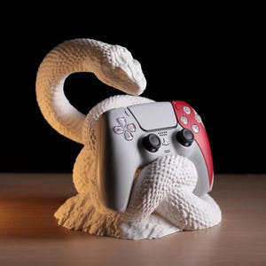 May include: A white, textured snake sculpture coiled around a gray and red video game controller. The snake has detailed scales and its head is raised above the controller. The controller features two black analog sticks, a central touch pad, and various buttons, including a PlayStation logo on the center button.