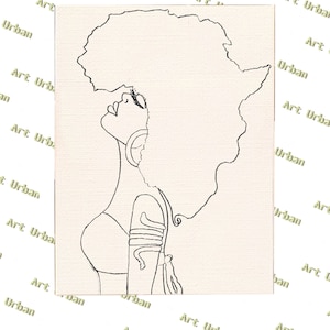 K&ouml;nnte beinhalten: Linienzeichnung einer Frau mit einer Afro-Frisur, die die Form des afrikanischen Kontinents hat. Die Frau schaut zur Seite und tr&auml;gt eine einfache Halskette und ein Armband.