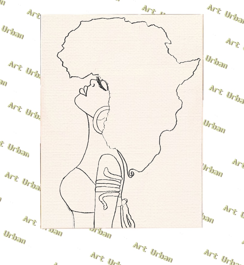 K&ouml;nnte beinhalten: Linienzeichnung einer Frau mit einer Afro-Frisur, die die Form des afrikanischen Kontinents hat. Die Frau schaut zur Seite und tr&auml;gt eine einfache Halskette und ein Armband.