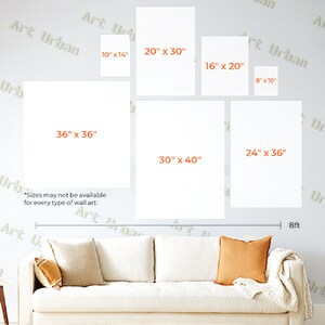 May include: A diagram showing different sizes of wall art prints, ranging from 8 inches by 10 inches to 36 inches by 40 inches. The text "Art Urban" appears in the image. The text "Sizes may not be available for every type of wall art." is also included in the image.