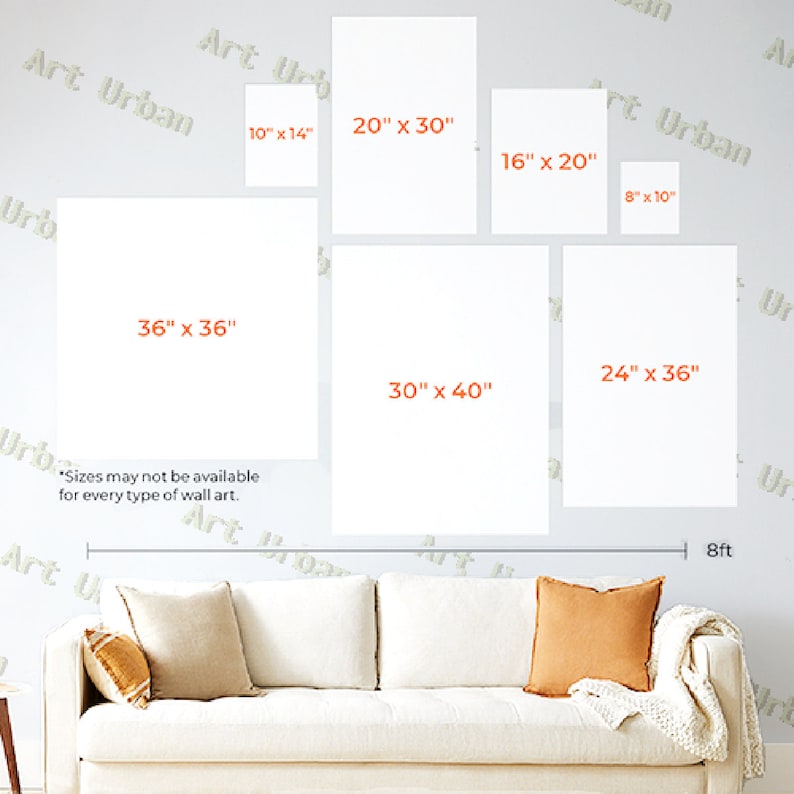 May include: A diagram showing different sizes of wall art prints, ranging from 8 inches by 10 inches to 36 inches by 40 inches. The text "Art Urban" appears in the image. The text "Sizes may not be available for every type of wall art." is also included in the image.