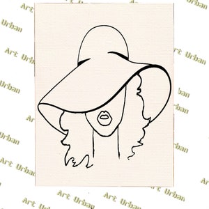 May include: A black and white line drawing of a person wearing a large hat. The hat is pulled down low over the person's eyes, and the person's lips are slightly parted.