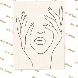 May include: Line art drawing of a face with hands covering the eyes. The face is drawn in a minimalist style with simple lines.