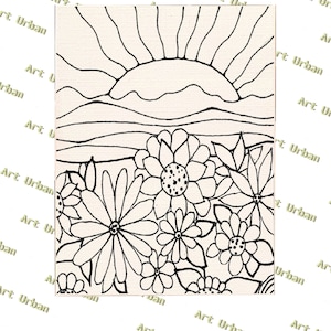 Flowery Sunset Pre Sketched Canvas, Pre Drawn Canvas for Painting, Sip and Paint Canvas, Art Kits, Paint Party Canvas, Art Activity
